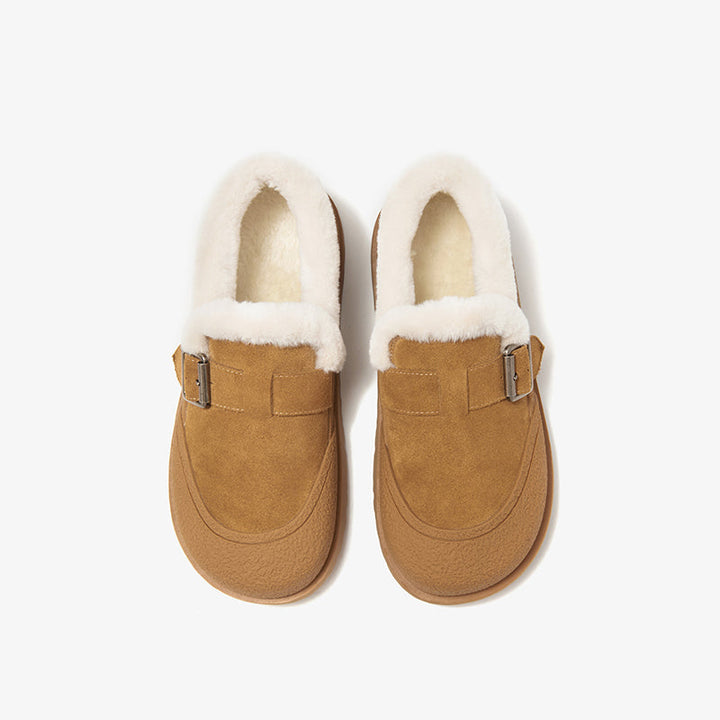 BeauToday Plush Lined Flat Shoes Buckle Strap Fuzzy Flats Round Toe Slip-on Casual Flat Shoes for Women
