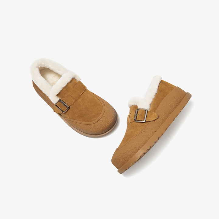 BeauToday Plush Lined Flat Shoes Buckle Strap Fuzzy Flats Round Toe Slip-on Casual Flat Shoes for Women