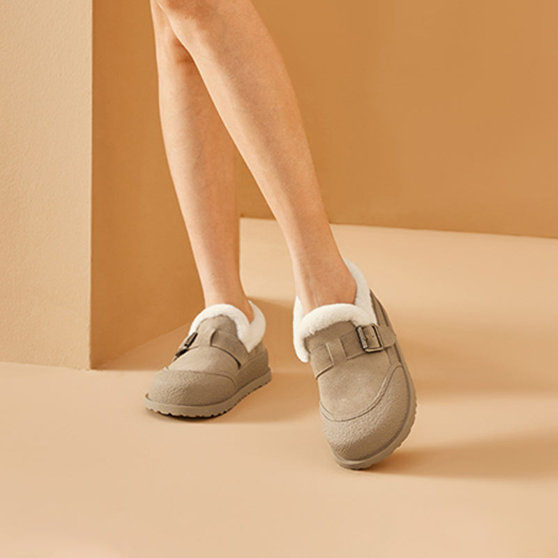 BeauToday Plush Lined Flat Shoes Buckle Strap Fuzzy Flats Round Toe Slip-on Casual Flat Shoes for Women