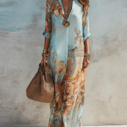Baroque Style Floral Blue Maxi Dress
