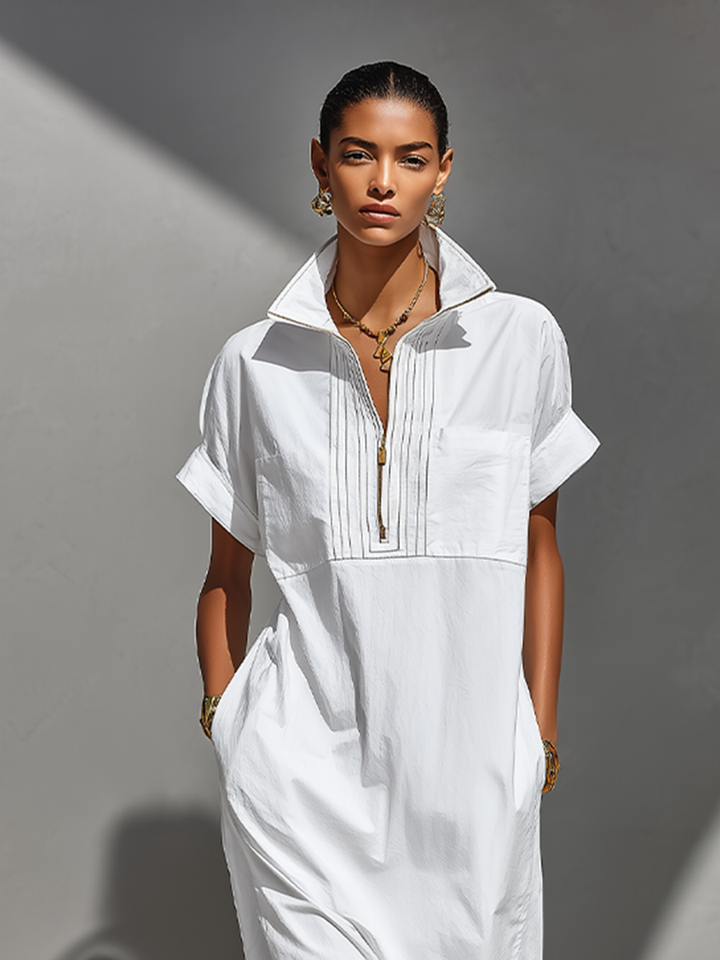 Women's White 100% Cotton Maxi Shirt Dress With Half-Zip Collar & Rolled Sleeves, Timeless Casual Everyday Dress MDZ0779E4LYL