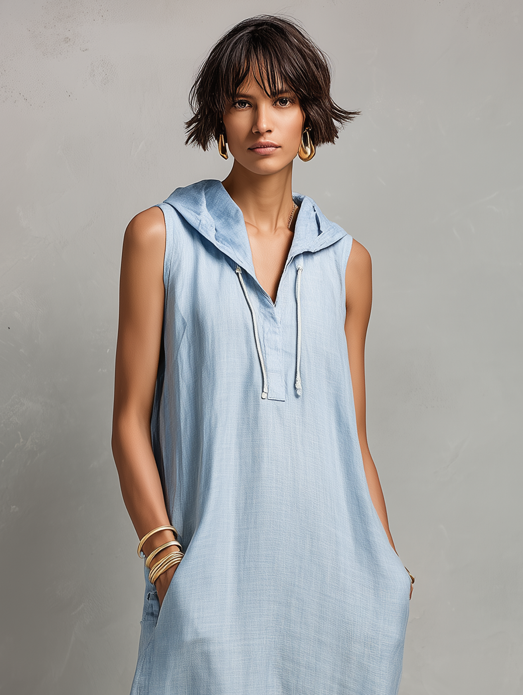 Women's Minimalist Linen-Blend Hooded Sleeveless Maxi Dress With Fringed Hem MDZ1213E7Y