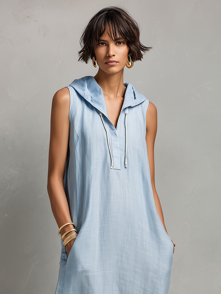 Women's Minimalist Linen-Blend Hooded Sleeveless Maxi Dress With Fringed Hem MDZ1213E7Y