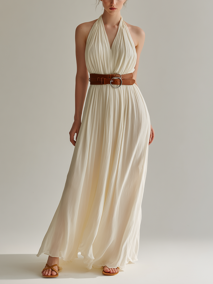 Women's Minimalist French-Style Elegant Maxi Dress: Off-White Chiffon, Belted Waist, Halter Neck, V-Neck, Sleeveless MDZ1581E6ZJW