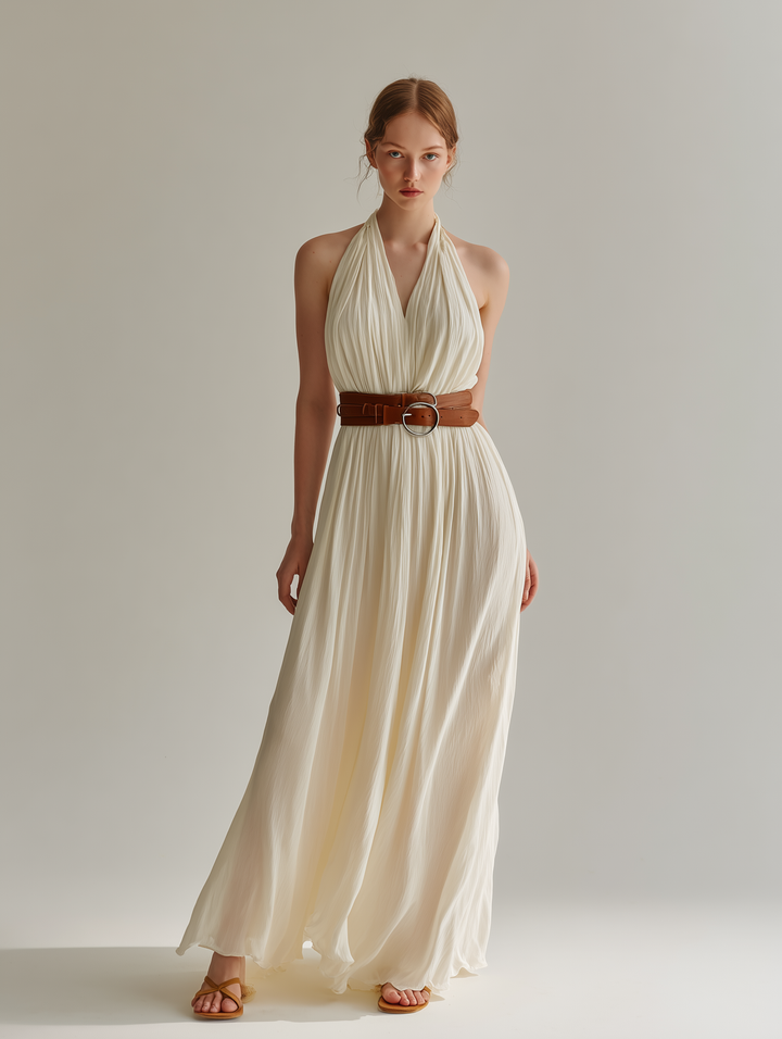 Women's Minimalist French-Style Elegant Maxi Dress: Off-White Chiffon, Belted Waist, Halter Neck, V-Neck, Sleeveless MDZ1581E6ZJW