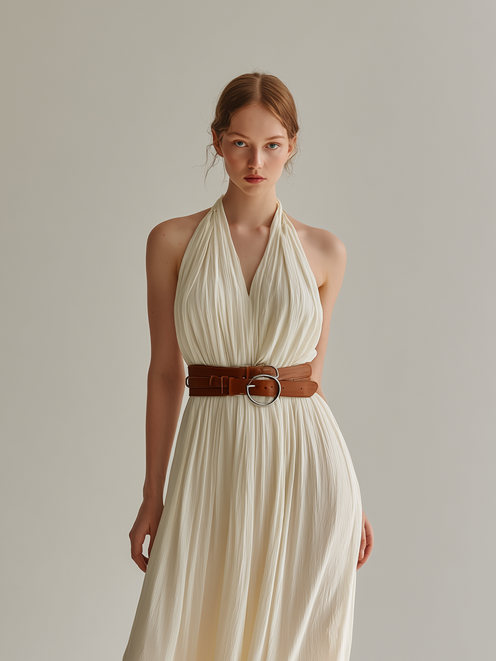 Women's Minimalist French-Style Elegant Maxi Dress: Off-White Chiffon, Belted Waist, Halter Neck, V-Neck, Sleeveless MDZ1581E6ZJW