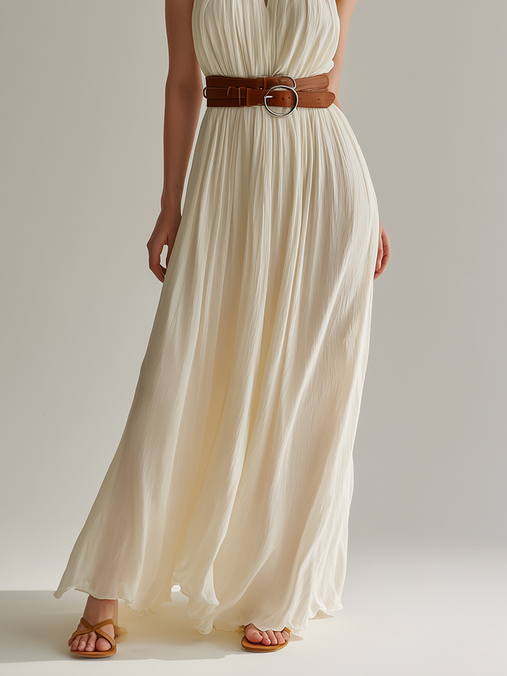 Women's Minimalist French-Style Elegant Maxi Dress: Off-White Chiffon, Belted Waist, Halter Neck, V-Neck, Sleeveless MDZ1581E6ZJW