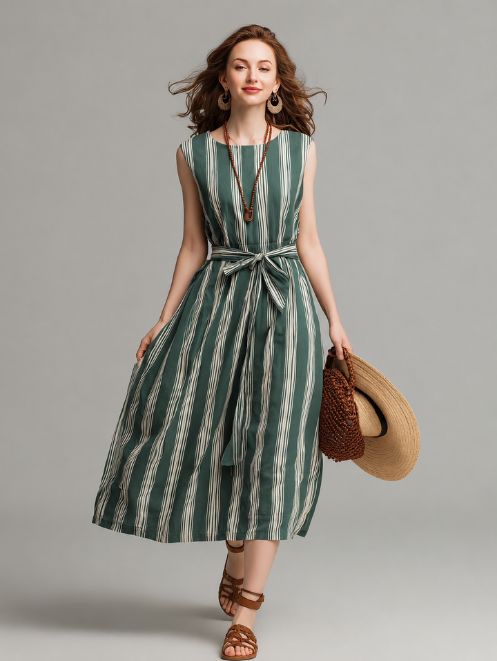 Women's Vacation-Style Midi Dress: Blue & White Striped, Sleeveless, Crew Neck, Cotton-Linen Blend With Waist-Cinching Belt MDZ1568E5ZJW