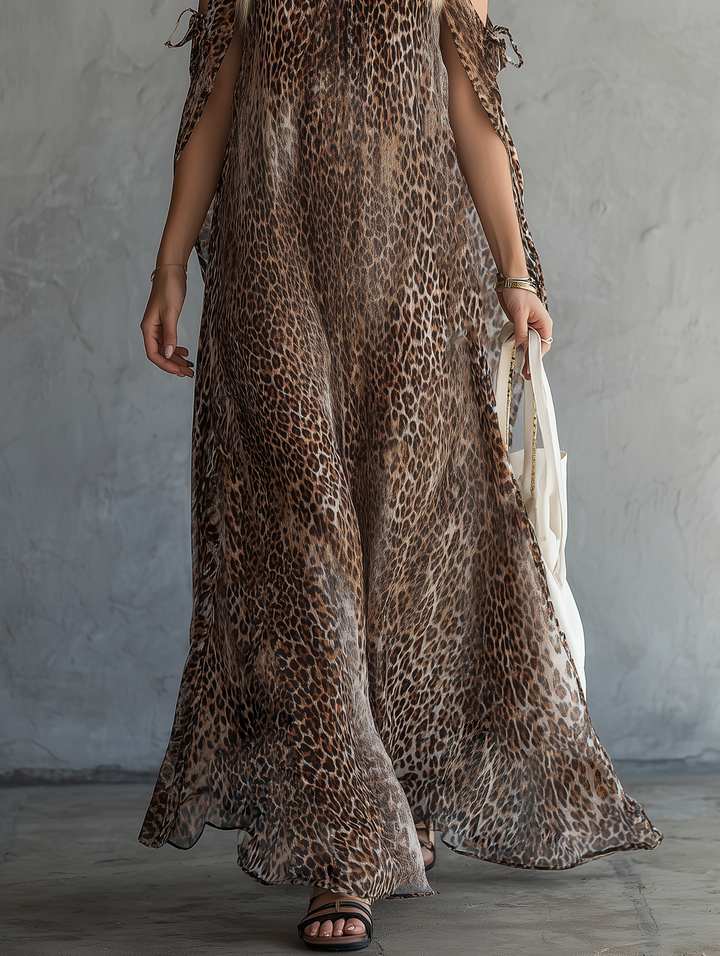 Women's Casual Leopard Print Chiffon Spaghetti Strap Maxi Dress MDZ2086E0LXY