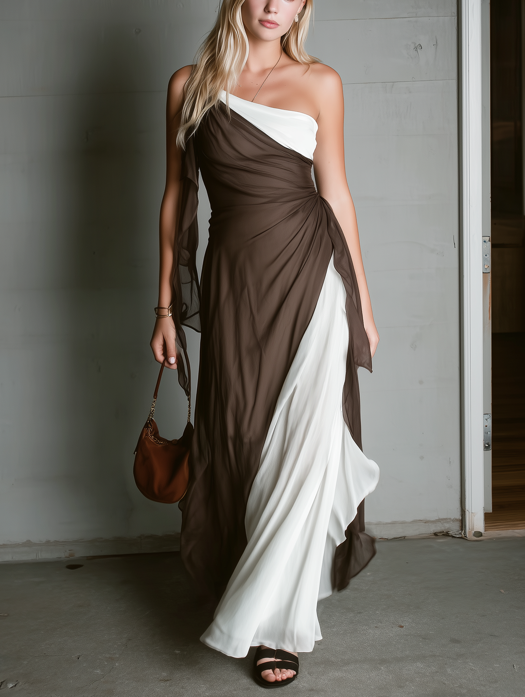 Women's Casual Brown And White Chiffon One-Shoulder Sleeveless Maxi Dress MDZ2250E4LXY