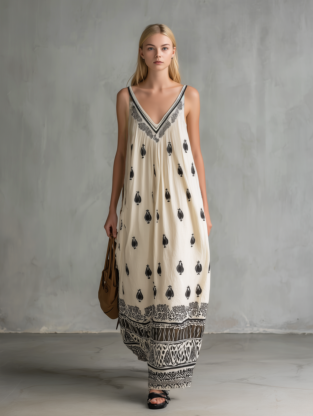 Women's Casual White Printed Woven V-Neck Sleeveless Maxi Dress MDZ2265E8LXY