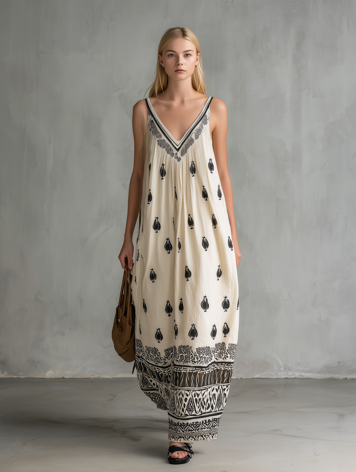 Women's Casual White Printed Woven V-Neck Sleeveless Maxi Dress MDZ2265E8LXY