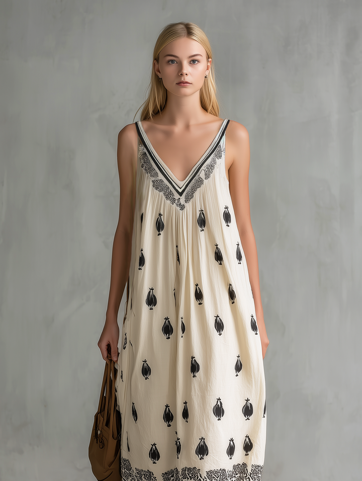 Women's Casual White Printed Woven V-Neck Sleeveless Maxi Dress MDZ2265E8LXY
