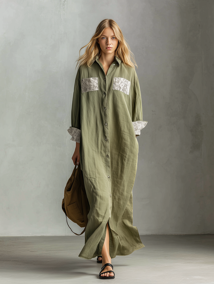 Women's Casual Green Cotton-Linen Long-Sleeve Shirt Dress With Lace Trim MDZ2357E9LXY