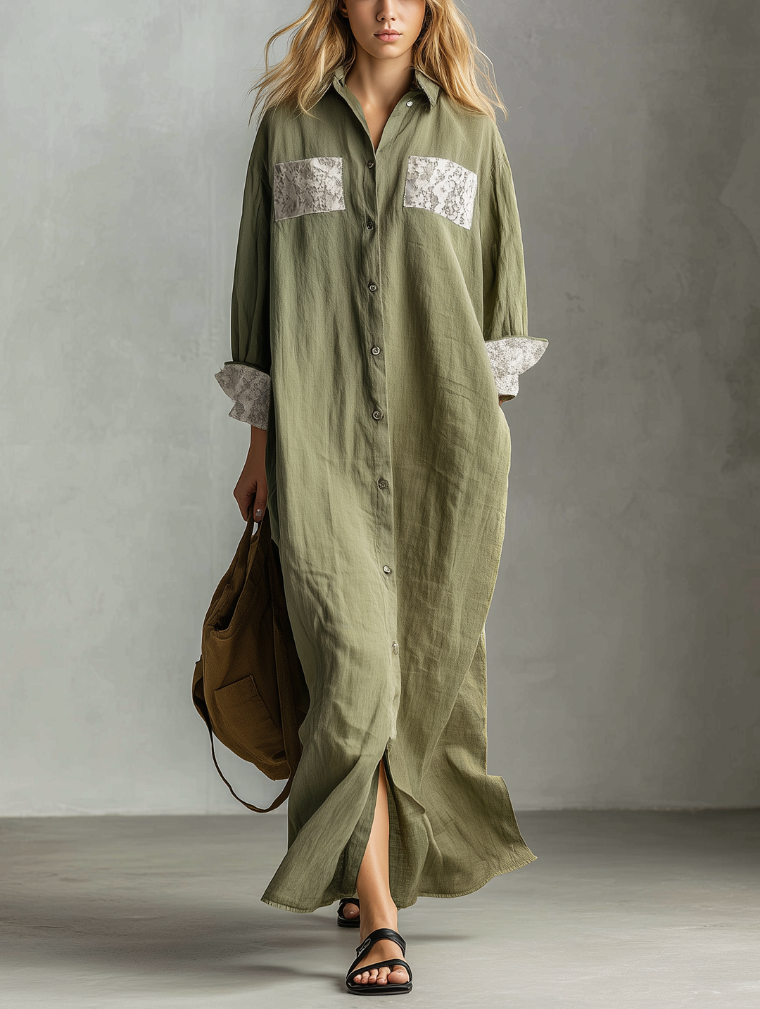 Women's Casual Green Cotton-Linen Long-Sleeve Shirt Dress With Lace Trim MDZ2357E9LXY