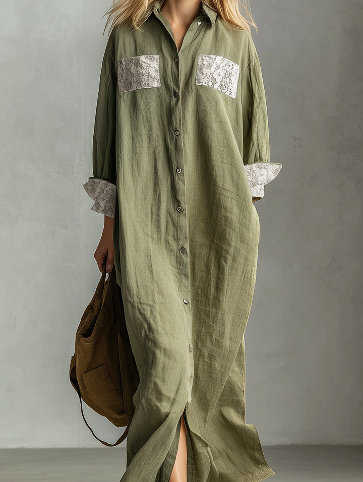 Women's Casual Green Cotton-Linen Long-Sleeve Shirt Dress With Lace Trim MDZ2357E9LXY