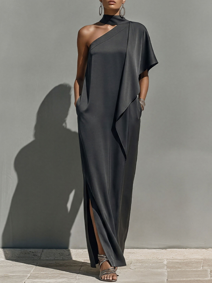 Women's Dark Charcoal Satin Maxi Dress With Asymmetrical One-Shoulder & High Neck, Timeless Modern Evening Gown MDZ2567E2LYL