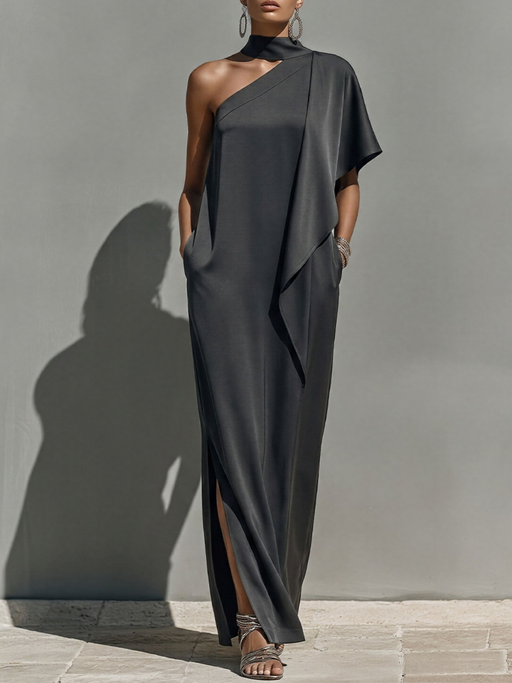 Women's Dark Charcoal Satin Maxi Dress With Asymmetrical One-Shoulder & High Neck, Timeless Modern Evening Gown MDZ2567E2LYL