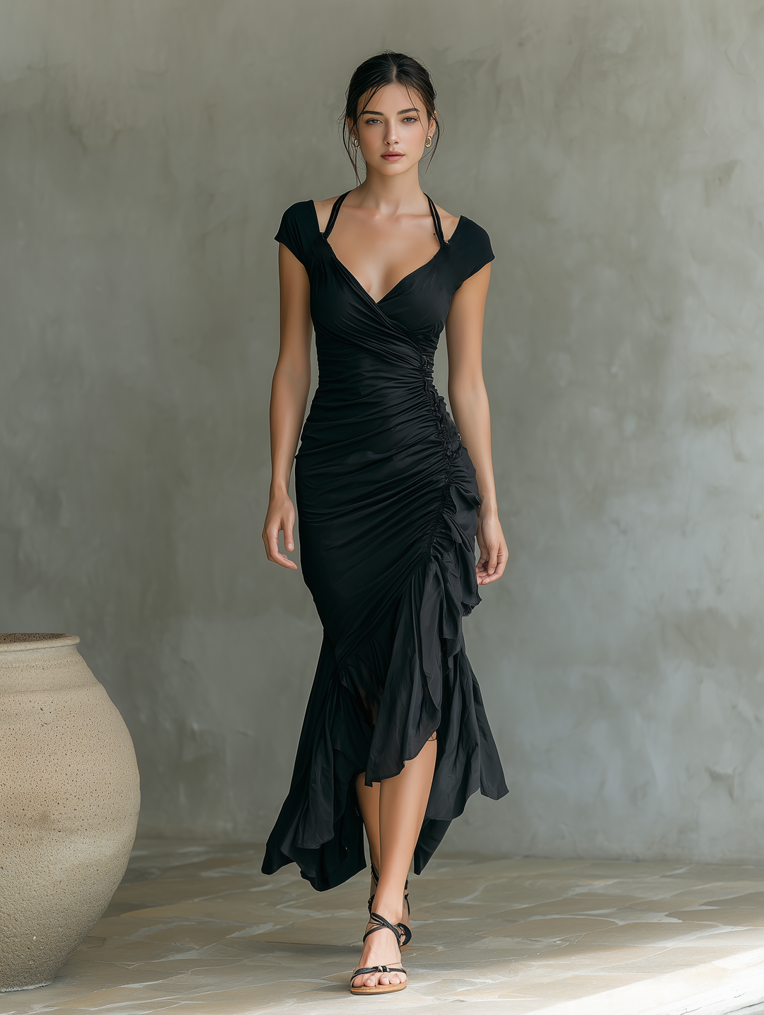 Women’s Black Ruched Wrap Midi Dress With Asymmetrical Ruffled Hem & Halter Neck Straps MDZ2560E8T