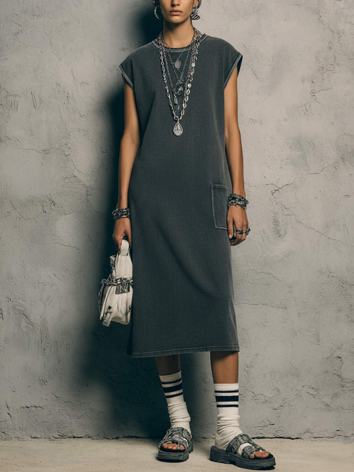 Women's Streetwear Dark Grey Washed Cotton Side Pocket Crew Neck Sleeveless Midi Dress MDZ2568E7GMJ