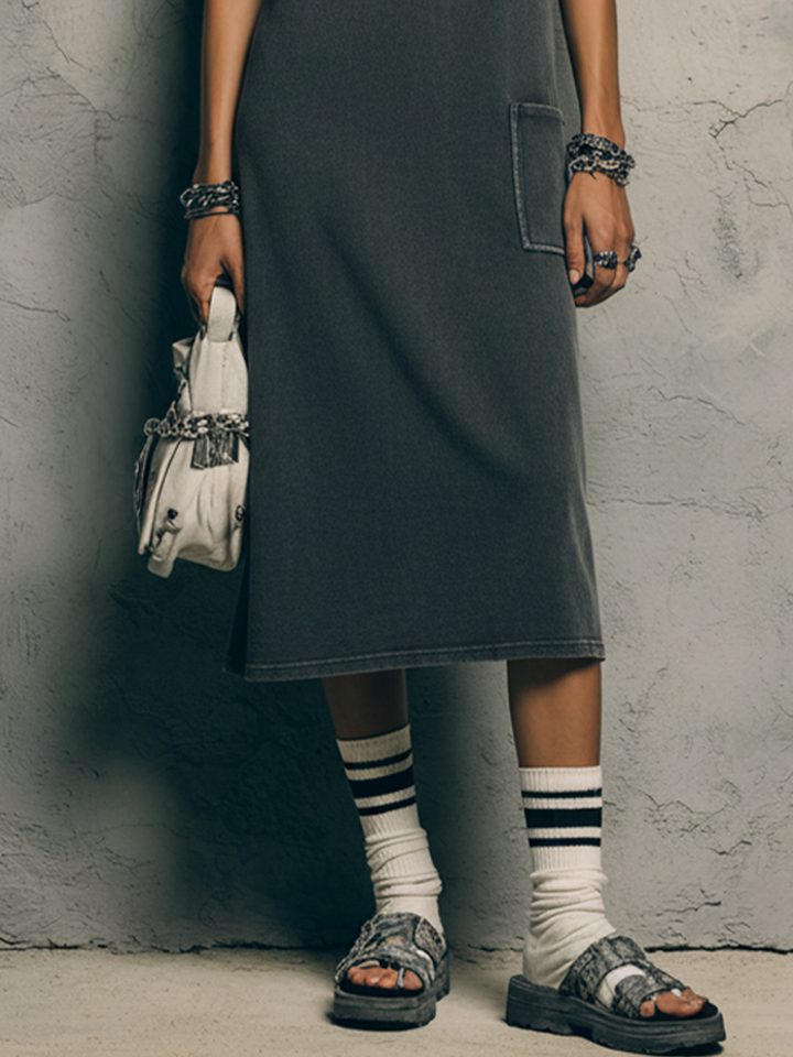 Women's Streetwear Dark Grey Washed Cotton Side Pocket Crew Neck Sleeveless Midi Dress MDZ2568E7GMJ