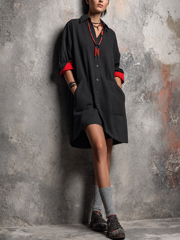 Women's Casual Black Cotton Blend Color-Block Cuff Collared Button-Front Shirt Mini Dress MDZ2537E5GMJ