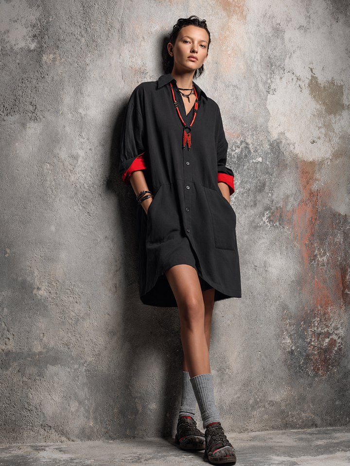 Women's Casual Black Cotton Blend Color-Block Cuff Collared Button-Front Shirt Mini Dress MDZ2537E5GMJ