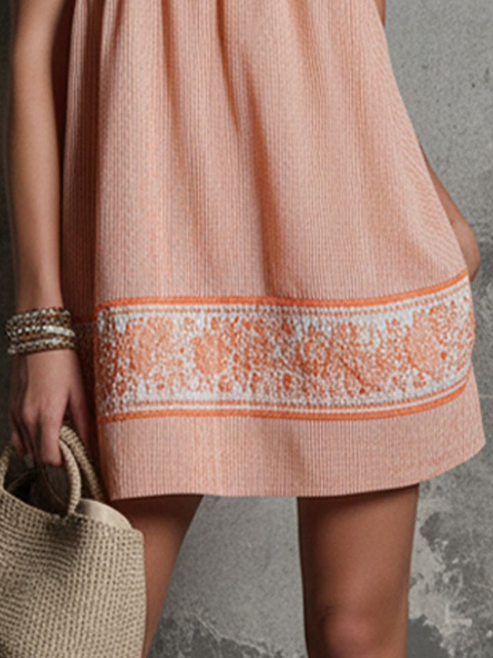 Women's Vacation Style Light Orange Cotton Blend Printed Smocked Waist Bandeau Mini Dress MDZ2520E6GMJ