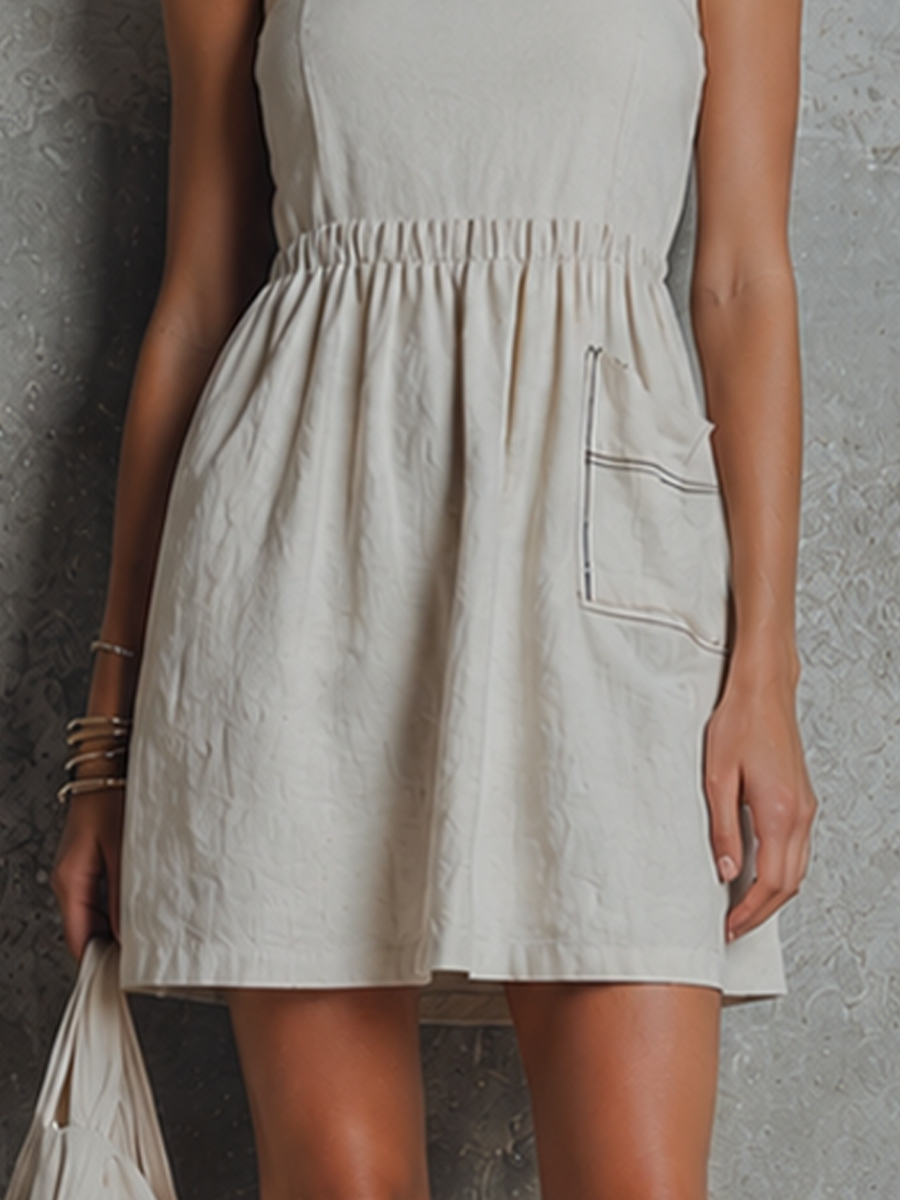 Women's Minimalist Off-White Cotton Elastic Waist-Tailored Square Neck Cami Mini Dress MDZ2541E9GMJ