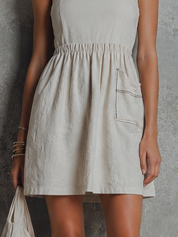 Women's Minimalist Off-White Cotton Elastic Waist-Tailored Square Neck Cami Mini Dress MDZ2541E9GMJ