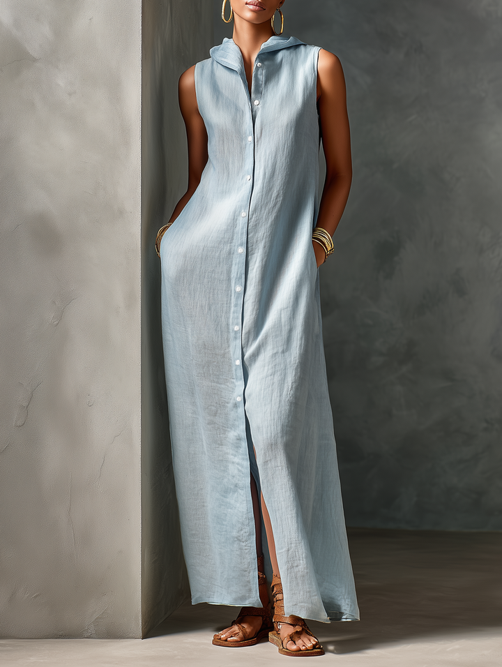 Women's Minimalist Linen-Blend Hooded Sleeveless Single-Breasted Maxi Dress MDZ2512E3Y