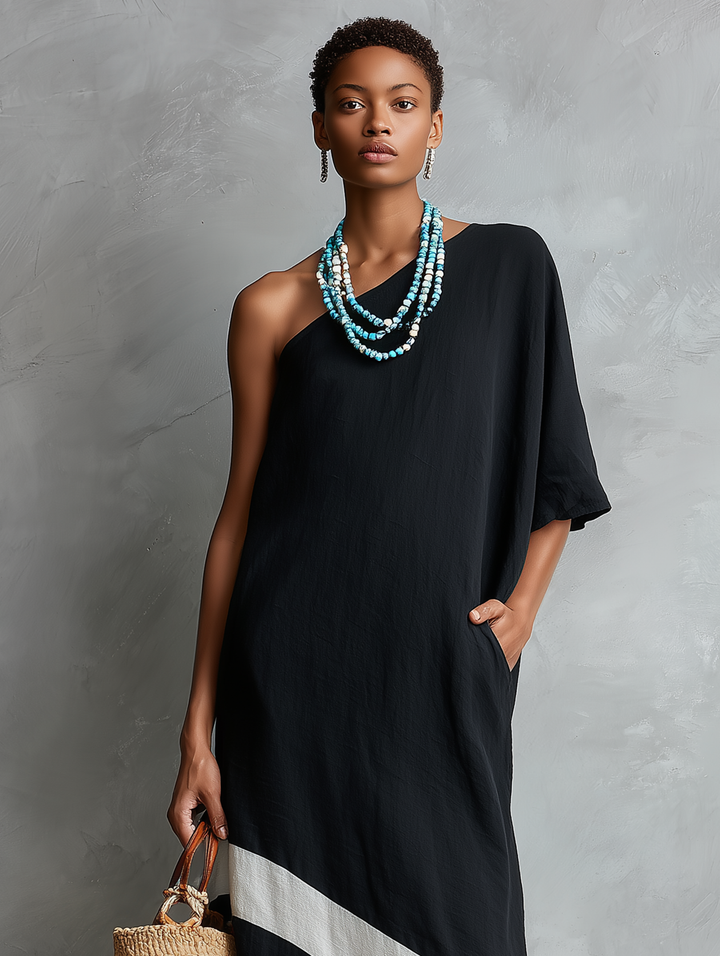 Women's Minimalist Color-Block Linen-Blend One-Shoulder Maxi Dress MDZ2520E0Y