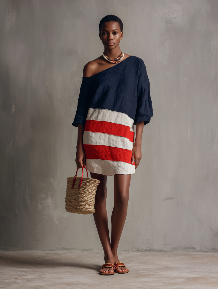 Women's Minimalist Color-Block Linen-Blend One-Shoulder Mini Dress With Mid-Length Sleeves MDZ2512E8Y