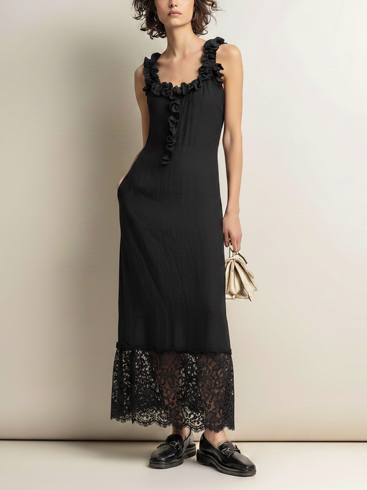 Women’s Black Cotton-Linen Blend Ruffled-Trim Sleeveless Maxi Dress With Lace Hem & Side Pockets MDZ2532E9T