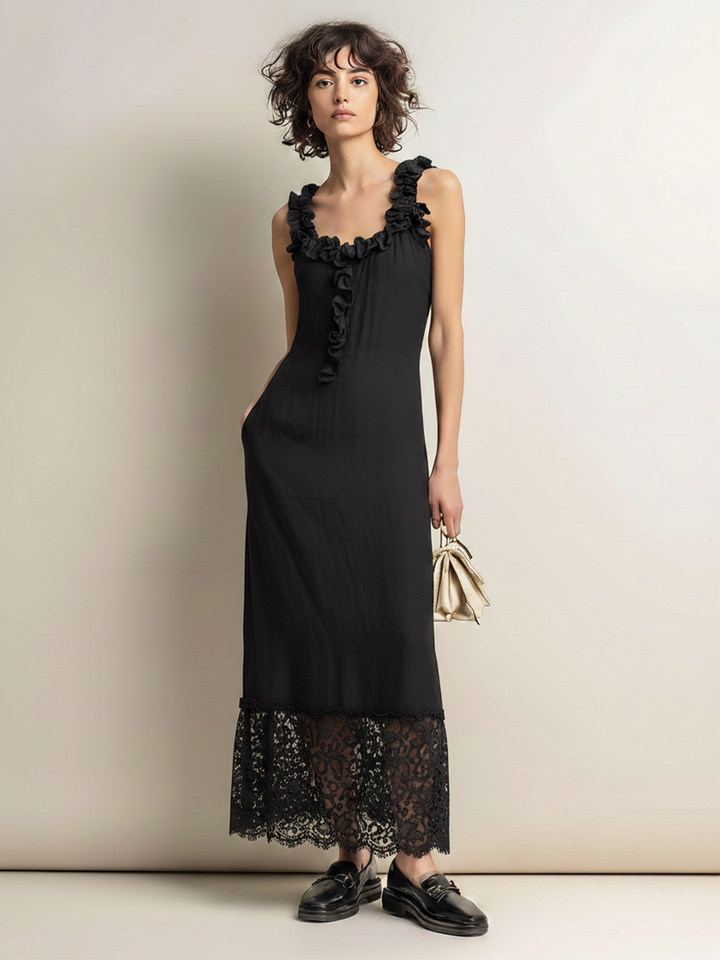 Women’s Black Cotton-Linen Blend Ruffled-Trim Sleeveless Maxi Dress With Lace Hem & Side Pockets MDZ2532E9T