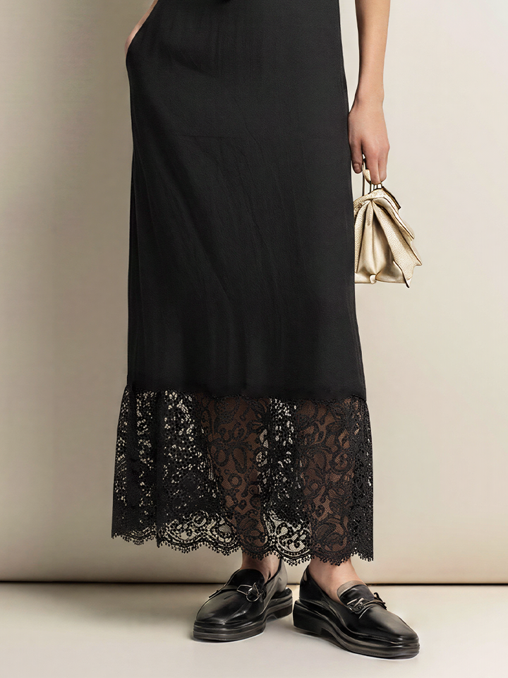 Women’s Black Cotton-Linen Blend Ruffled-Trim Sleeveless Maxi Dress With Lace Hem & Side Pockets MDZ2532E9T
