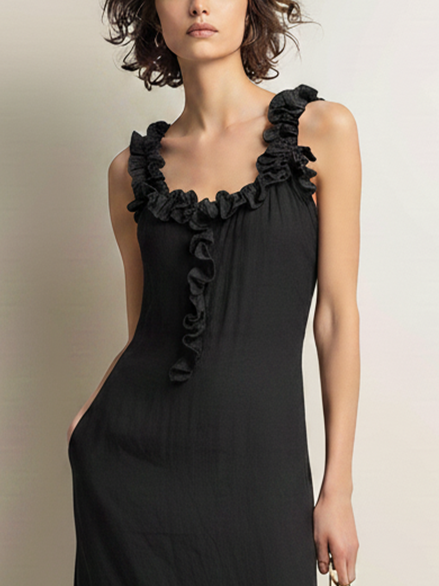 Women’s Black Cotton-Linen Blend Ruffled-Trim Sleeveless Maxi Dress With Lace Hem & Side Pockets MDZ2532E9T