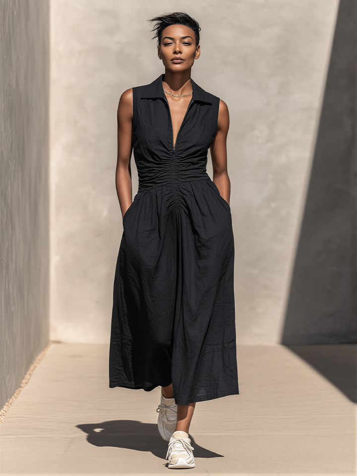 Women’s Black Sleeveless Shirt Dress With Half-Zip Front, Ruched Waist & Pockets MDZ2579E5T