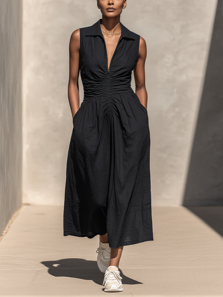 Women’s Black Sleeveless Shirt Dress With Half-Zip Front, Ruched Waist & Pockets MDZ2579E5T