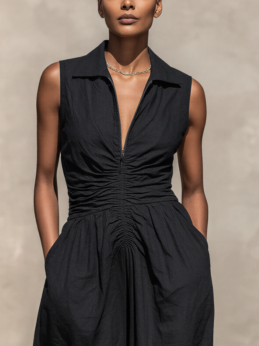 Women’s Black Sleeveless Shirt Dress With Half-Zip Front, Ruched Waist & Pockets MDZ2579E5T