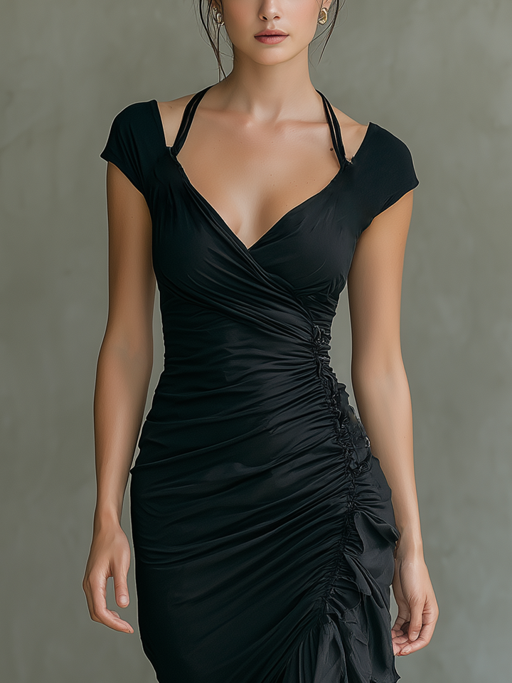Women’s Black Ruched Wrap Midi Dress With Asymmetrical Ruffled Hem & Halter Neck Straps MDZ2560E8T