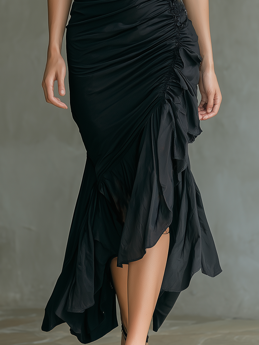 Women’s Black Ruched Wrap Midi Dress With Asymmetrical Ruffled Hem & Halter Neck Straps MDZ2560E8T