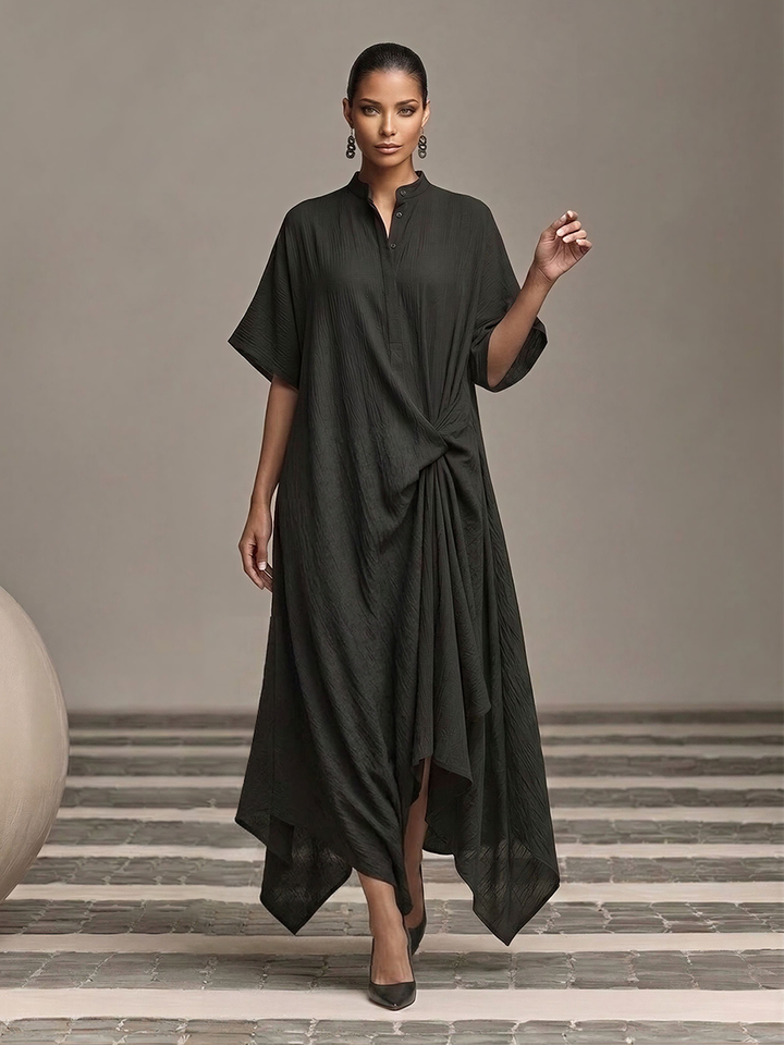 Women's Black Crinkle Cotton-Blend Maxi Dress With Stand Collar & Waist Twist, Timeless Minimalist Casual Dress MDZ2666E4LYL