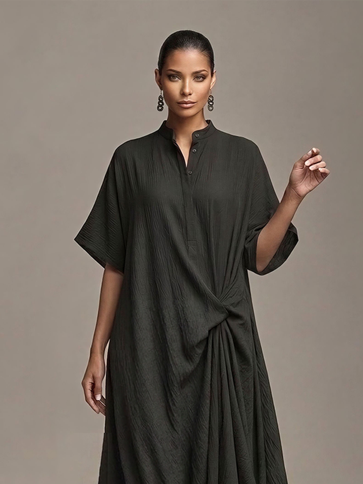 Women's Black Crinkle Cotton-Blend Maxi Dress With Stand Collar & Waist Twist, Timeless Minimalist Casual Dress MDZ2666E4LYL