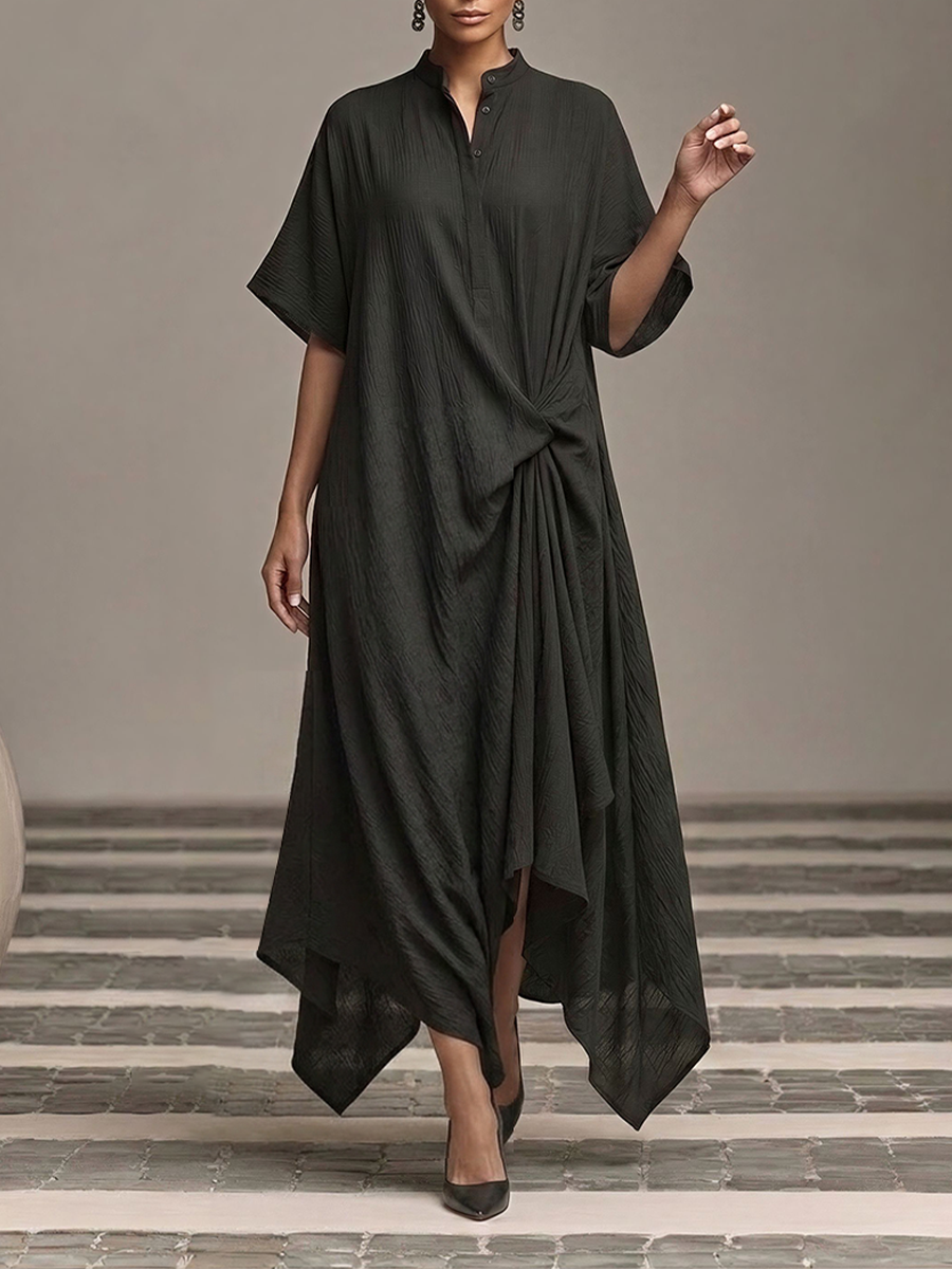 Women's Black Crinkle Cotton-Blend Maxi Dress With Stand Collar & Waist Twist, Timeless Minimalist Casual Dress MDZ2666E4LYL