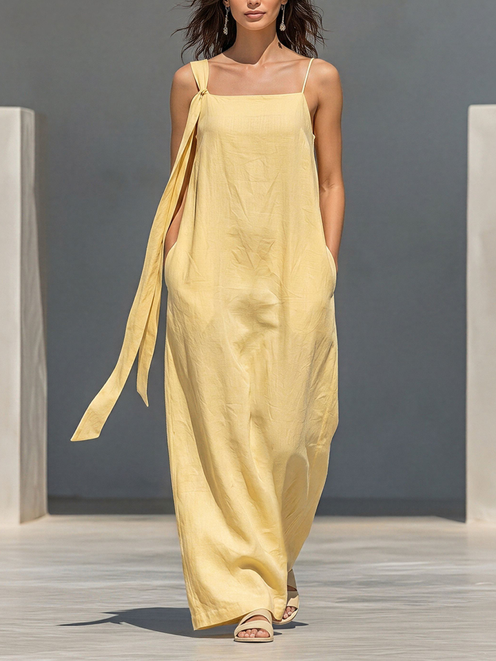 Women's Pale Yellow Linen-Blend Maxi Dress With Asymmetrical Tie Straps & Side Pockets, Timeless Casual Summer Dress MDZ2604E7LYL