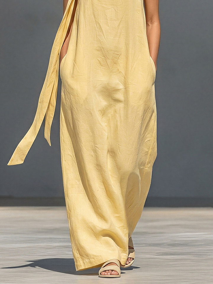 Women's Pale Yellow Linen-Blend Maxi Dress With Asymmetrical Tie Straps & Side Pockets, Timeless Casual Summer Dress MDZ2604E7LYL