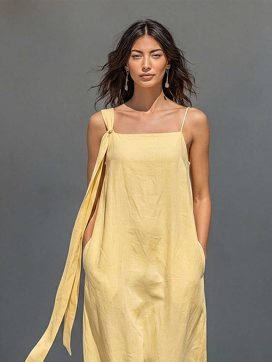 Women's Pale Yellow Linen-Blend Maxi Dress With Asymmetrical Tie Straps & Side Pockets, Timeless Casual Summer Dress MDZ2604E7LYL
