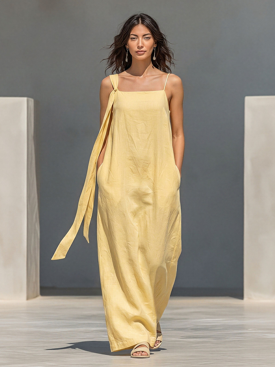 Women's Pale Yellow Linen-Blend Maxi Dress With Asymmetrical Tie Straps & Side Pockets, Timeless Casual Summer Dress MDZ2604E7LYL