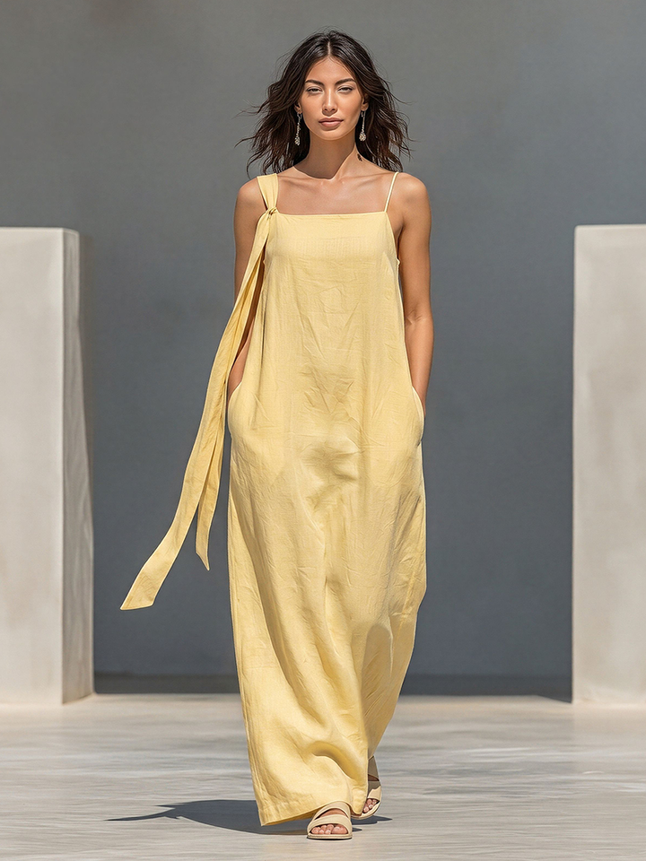 Women's Pale Yellow Linen-Blend Maxi Dress With Asymmetrical Tie Straps & Side Pockets, Timeless Casual Summer Dress MDZ2604E7LYL
